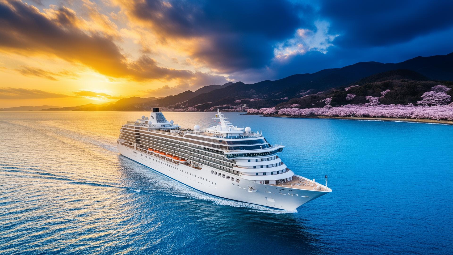Crucero de lujo navegando al atardecer al amanecer